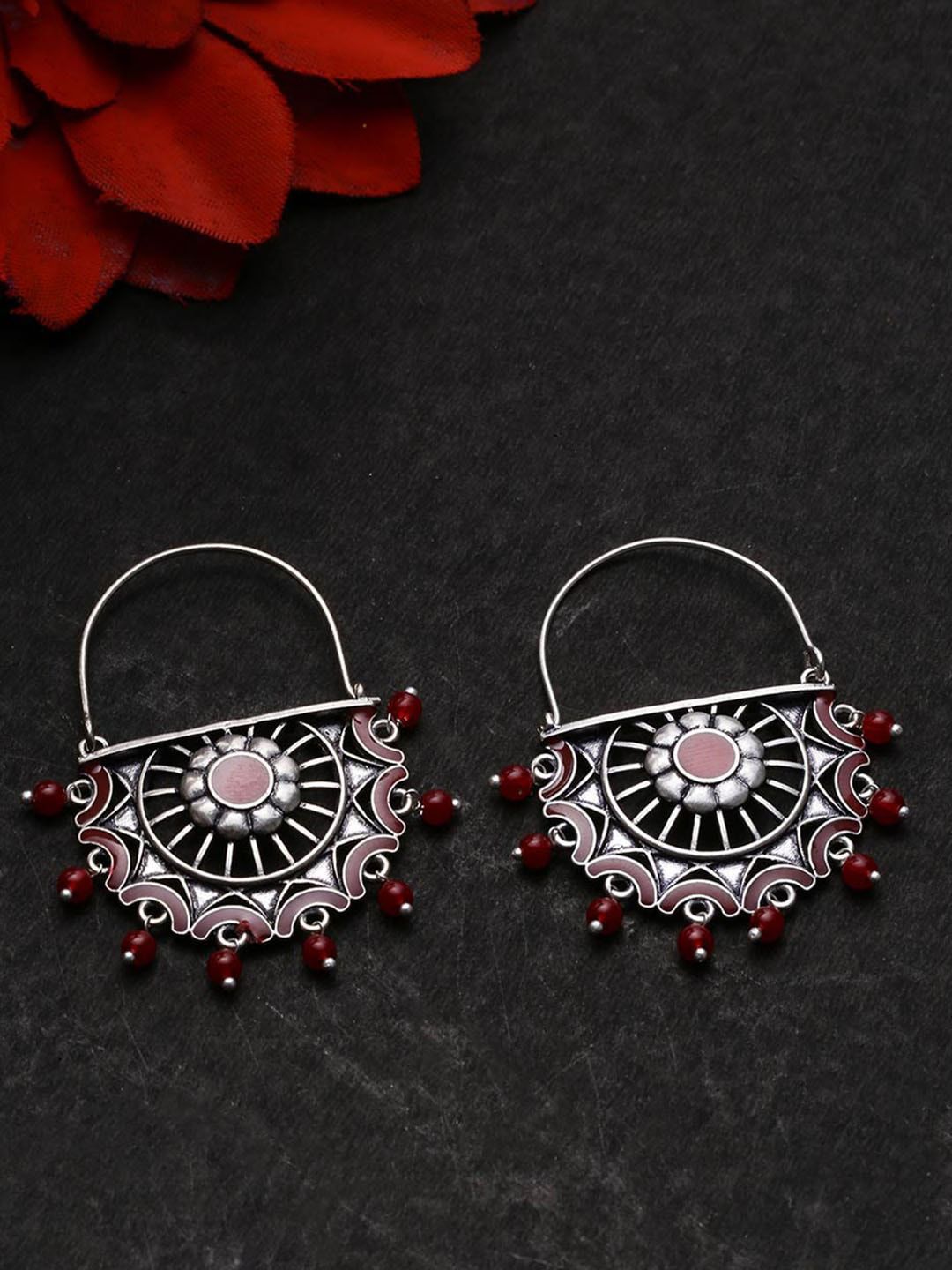 Studio Voylla Silver-Plated & Maroon Geometric Hoop Earrings Price in India