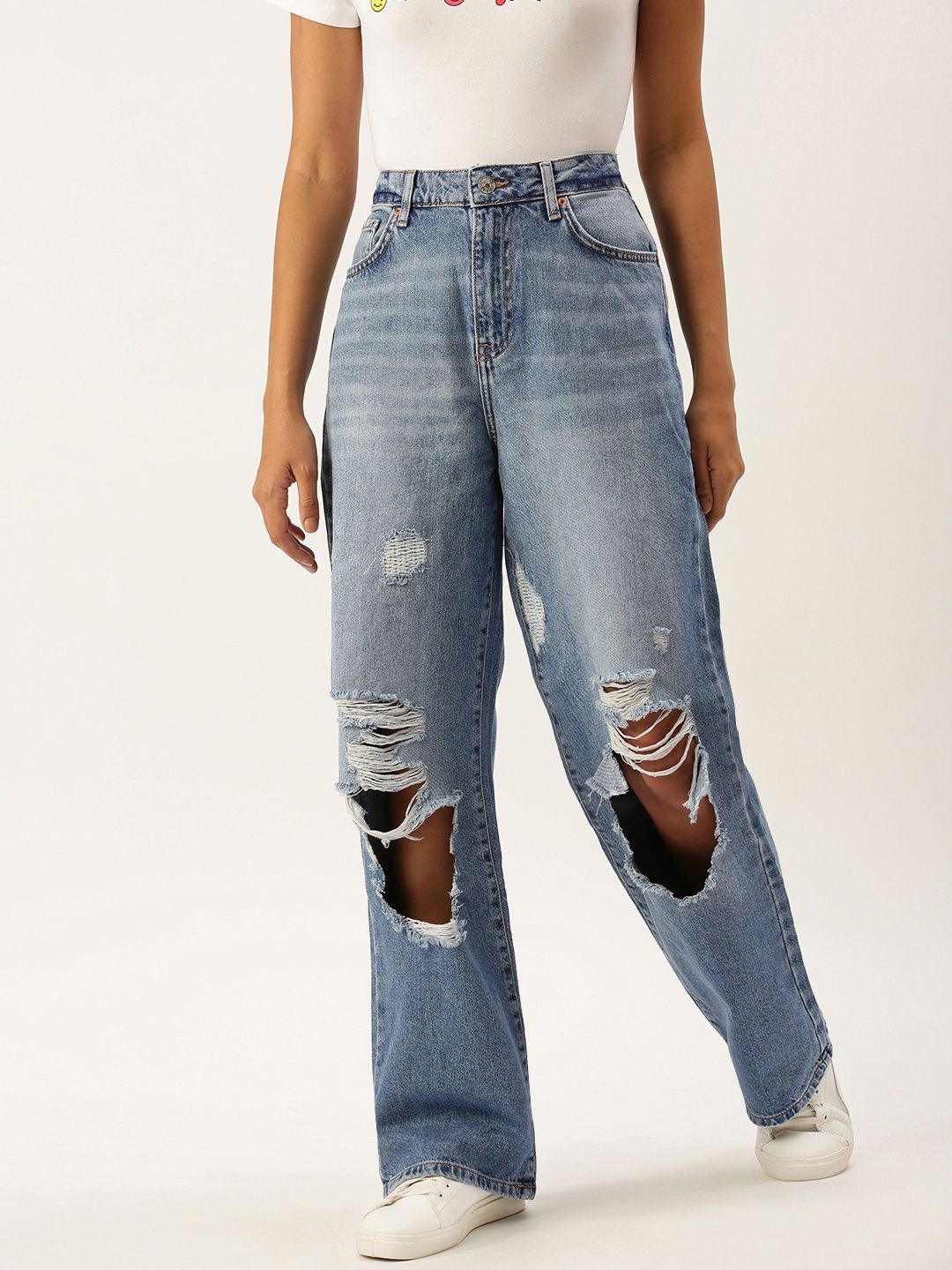 FOREVER 21 Women Blue Highly Distressed Heavy Fade Jeans Price in India