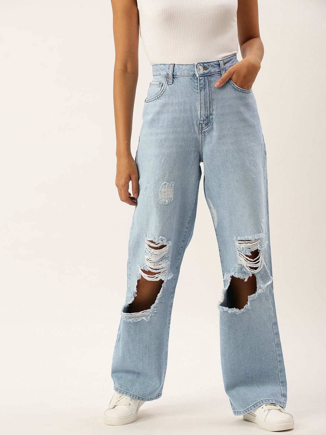 FOREVER 21 Women Light Blue High-Rise Highly Distressed Jeans Price in India