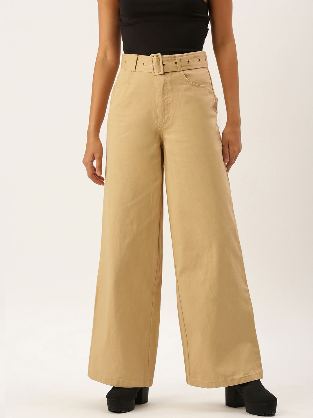 FOREVER 21 Women Beige Wide Leg Mid-Rise Clean Look Jeans With A Belt Price in India
