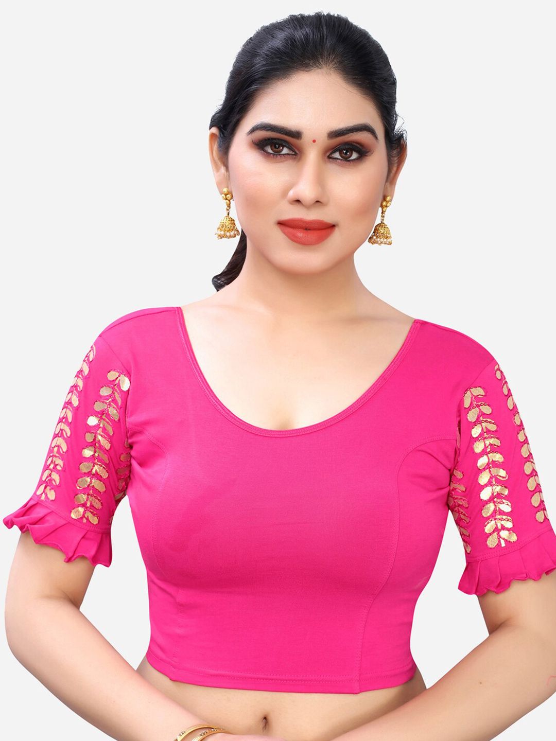 SIRIL Women Pink & Golden Embroidered Saree Blouse Price in India