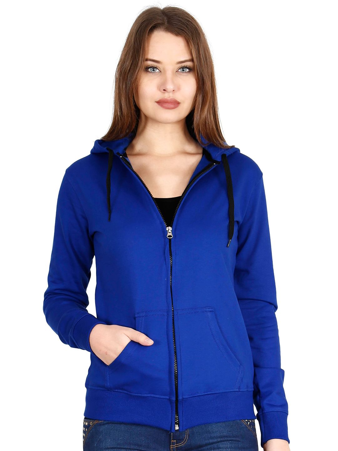 Fleximaa Women Blue Solid Hooded Cotton Sweatshirt Price in India