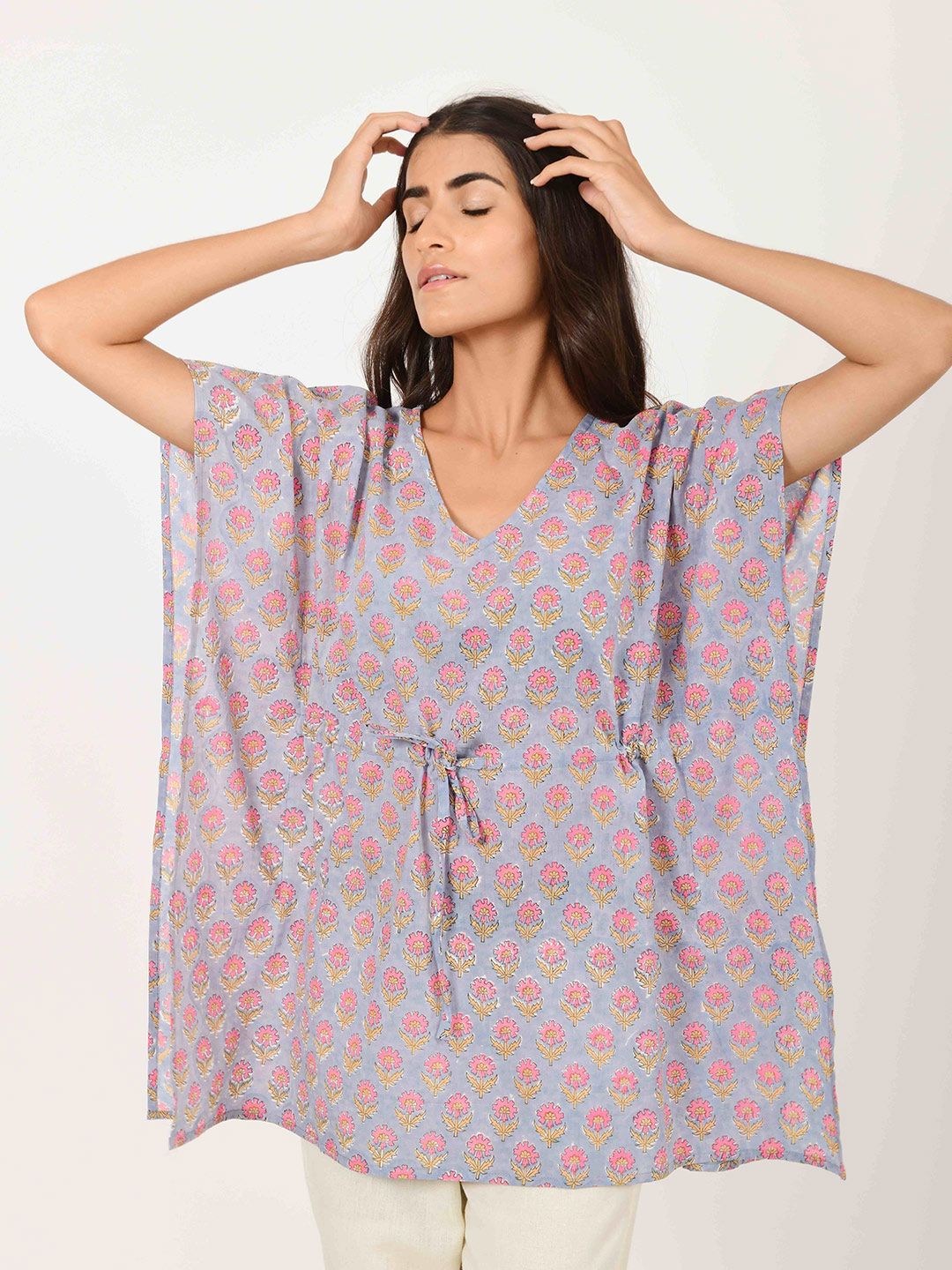 House of Dhaaga Blue & Pink Printed Kaftan Tunic Price in India