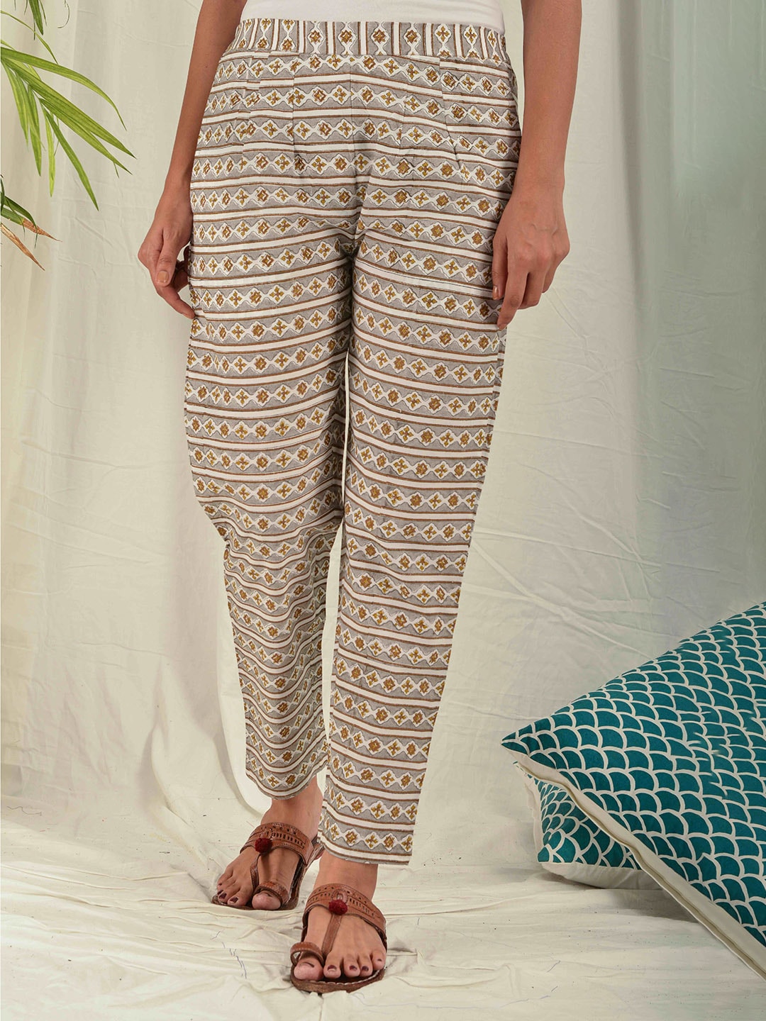 House of Dhaaga Women Grey & Beige Ethnic Motifs Printed Pure Cotton Pyjamas Price in India