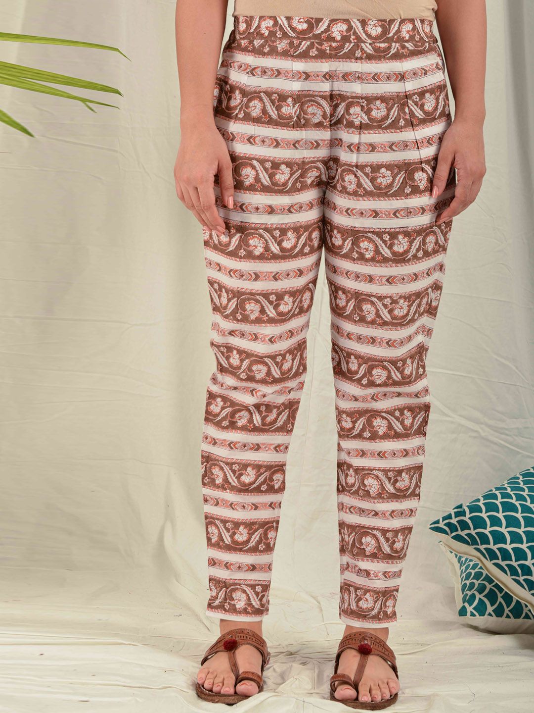 House of Dhaaga Women Brown & Beige Ethnic Motifs Printed Pure Cotton Pyjamas Price in India