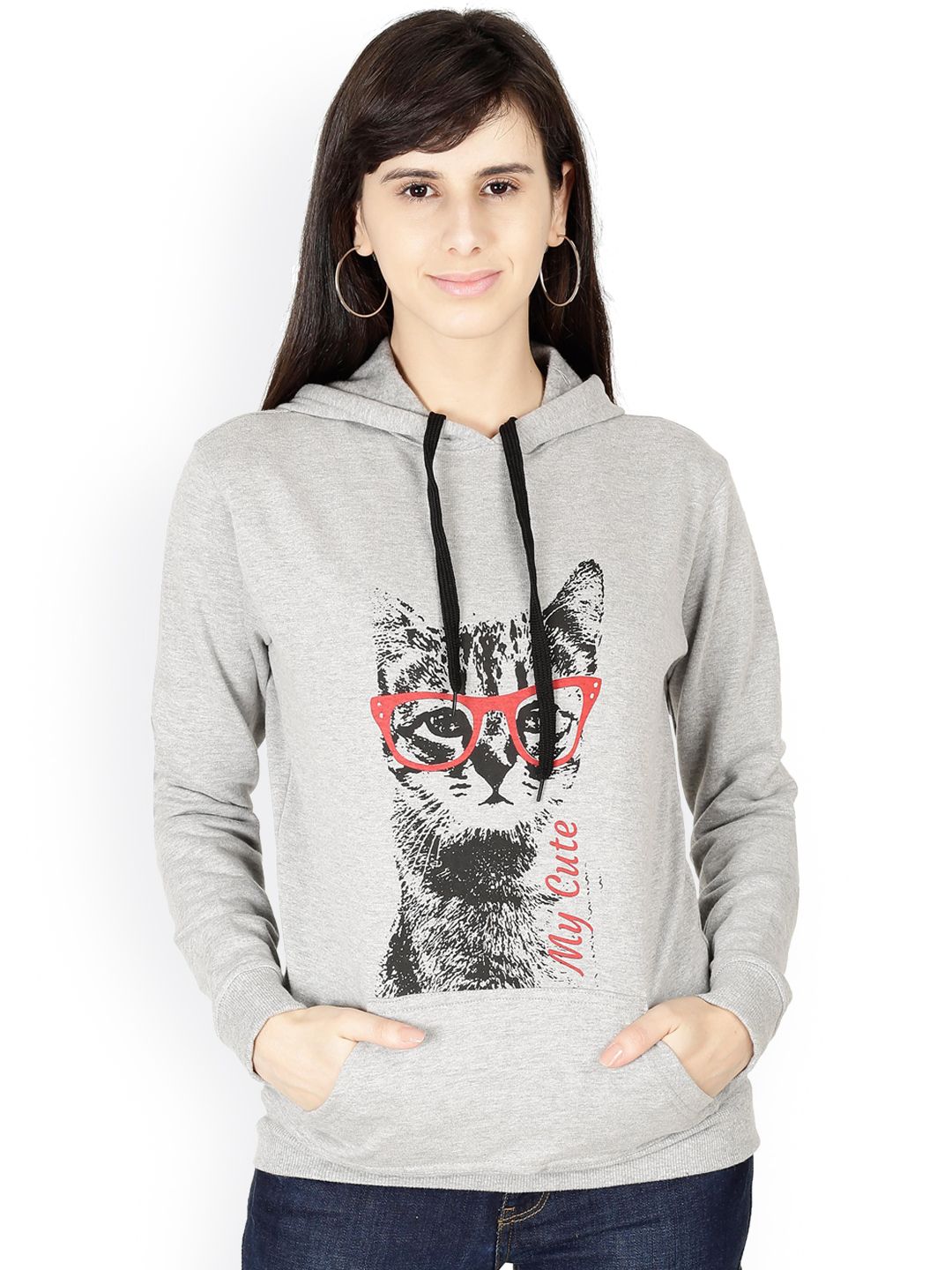 Fleximaa Women Grey Printed Hooded Sweatshirt Price in India