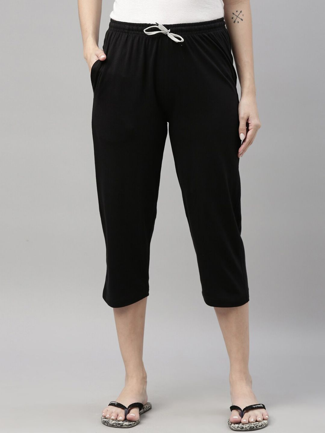 Kryptic Women Black Solid Pure Cotton Lounge Capri Price in India