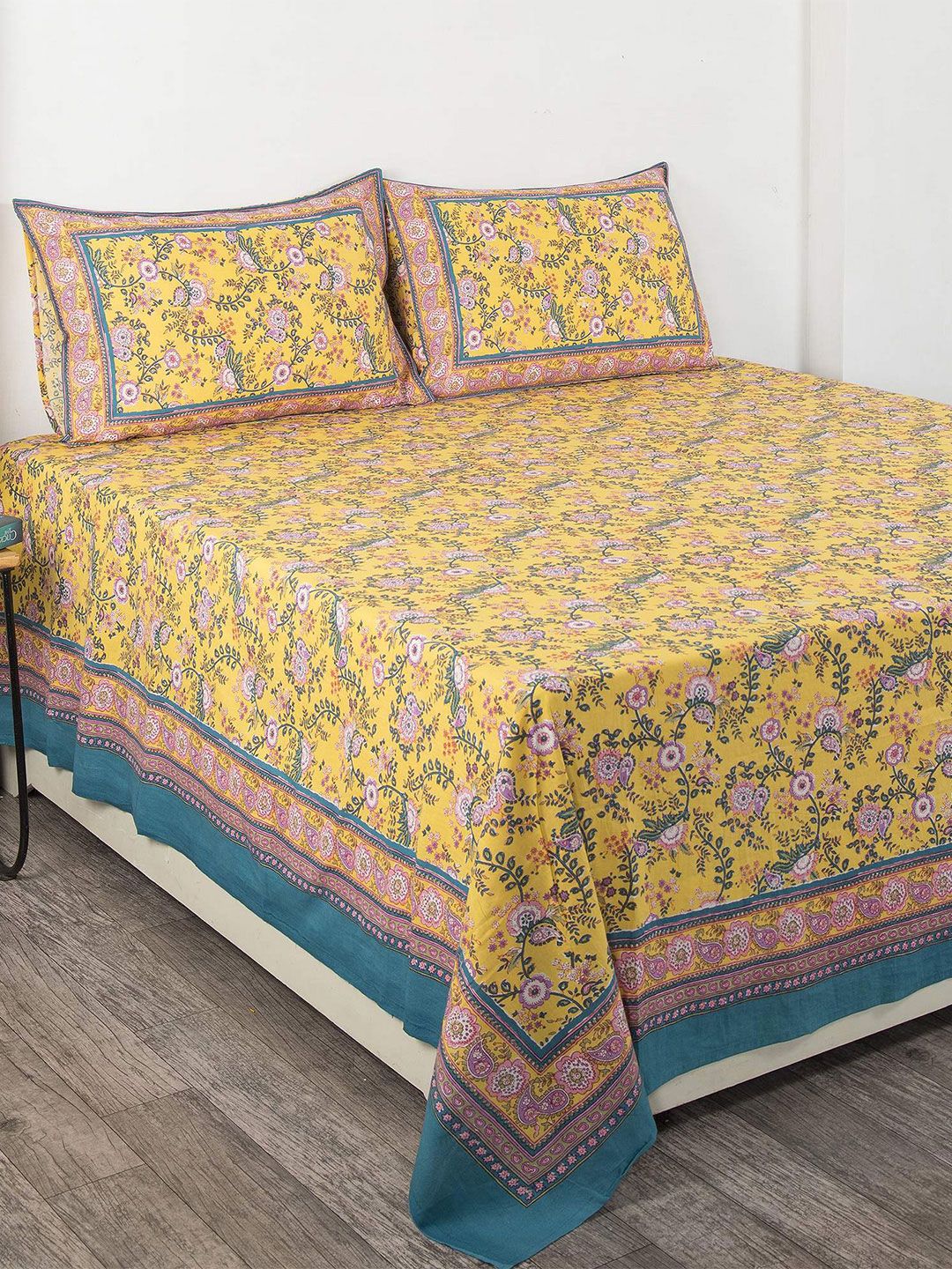 HANDICRAFT PALACE Yellow & Pink Floral 300 TC Queen Bedsheet with 2 Pillow Covers Price in India