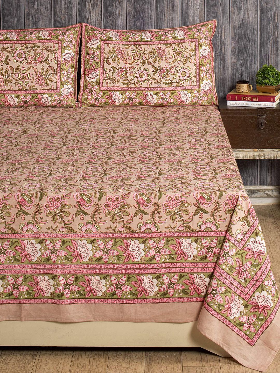 HANDICRAFT PALACE Beige & Pink Floral 300 TC Queen Bedsheet with 2 Pillow Covers Price in India