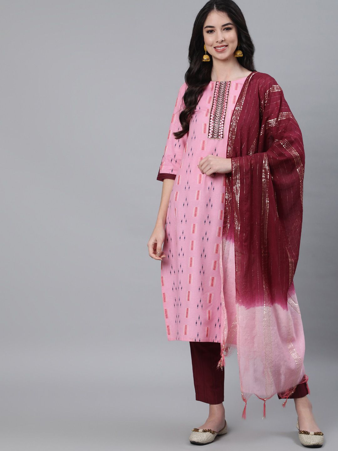 Jaipur Kurti Women Pink & Maroon Printed Cotton Blend Kurta Set Price in India