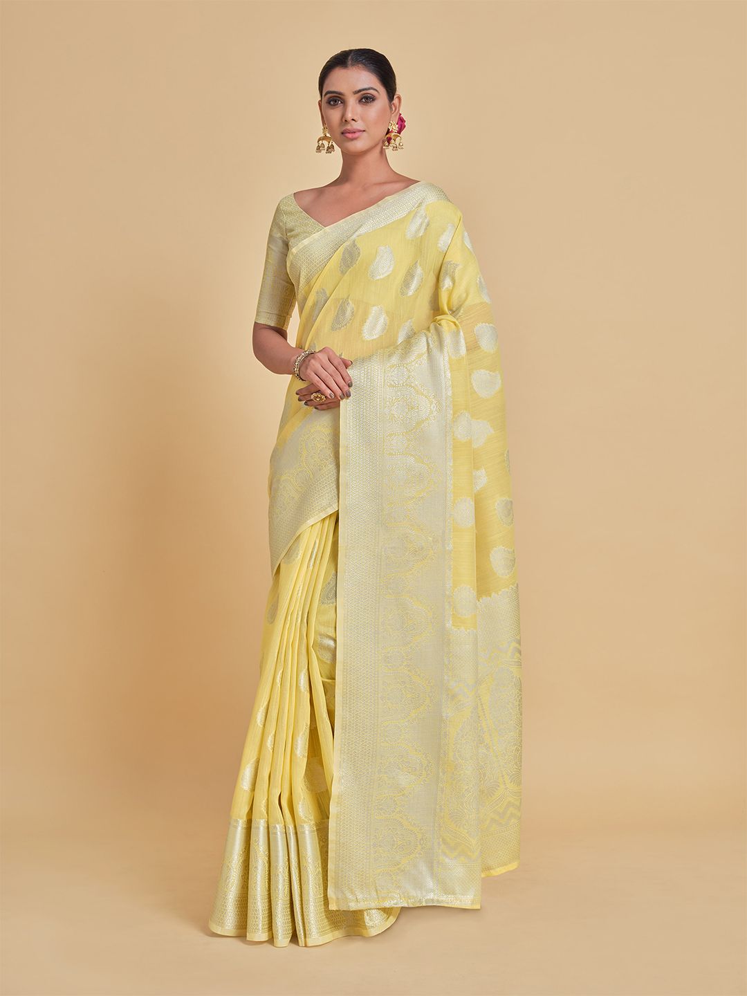 Sangria Yellow & Silver-Toned Woven Design Zari Saree