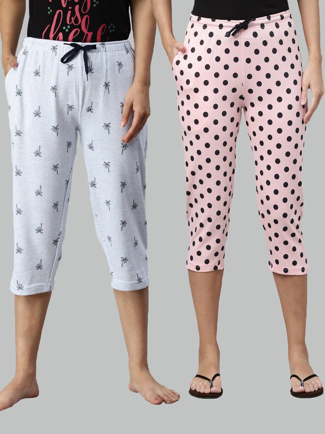 Kryptic Women Set of 2 Pink & Blue Polka Dots Printed Cotton Capri Lounge Pants Price in India