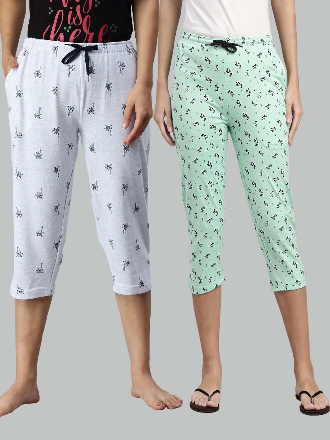 Kryptic Women Set of 2 Sea Green & Blue Polka Dots Printed Cotton Capri Lounge Pants Price in India