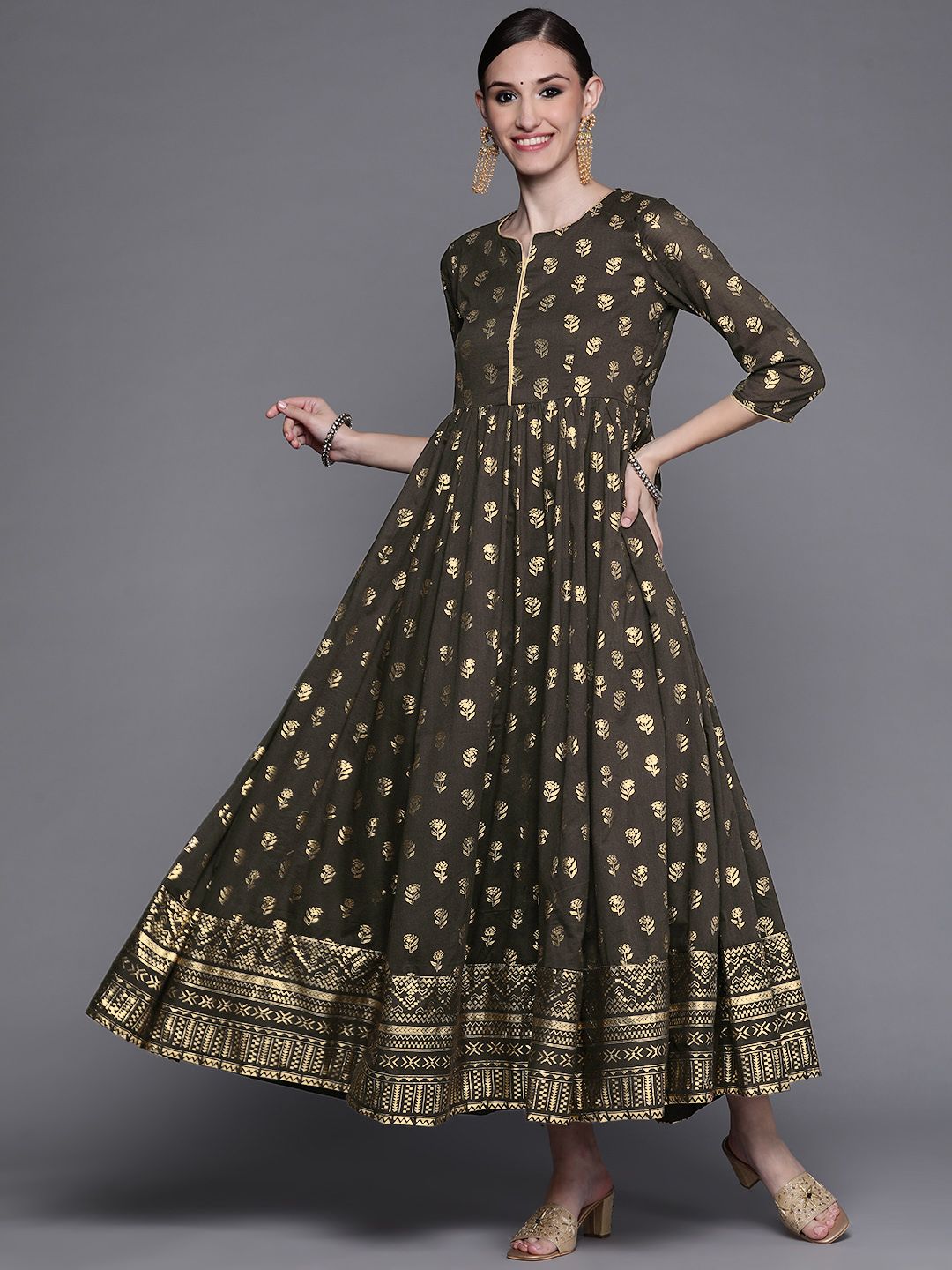 Biba Charcoal & Golden Ethnic Motifs Ethnic A-Line Maxi Dress Price in India