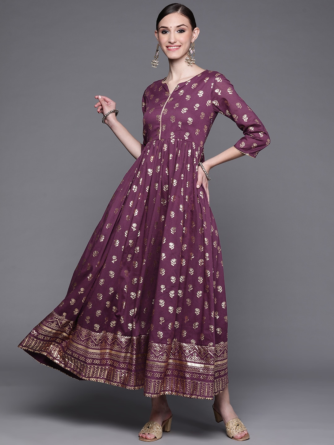 Biba Burgundy & Golden Ethnic Motifs Ethnic A-Line Maxi Dress Price in India
