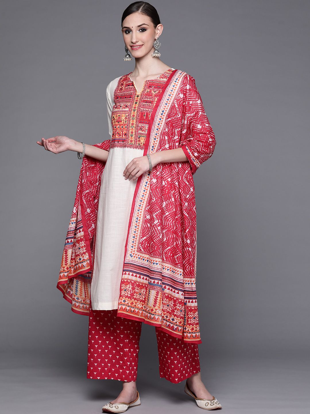 Biba Women Off White & Pink Printed Pure Cotton Kurta with Palazzos & Dupatta Price in India