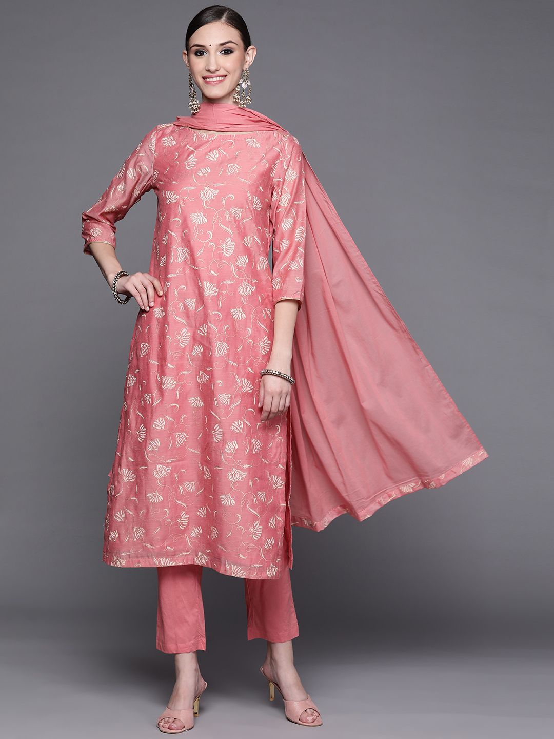 Biba Women Pink & Golden Ethnic Motifs Kurta with Trousers & Dupatta Price in India