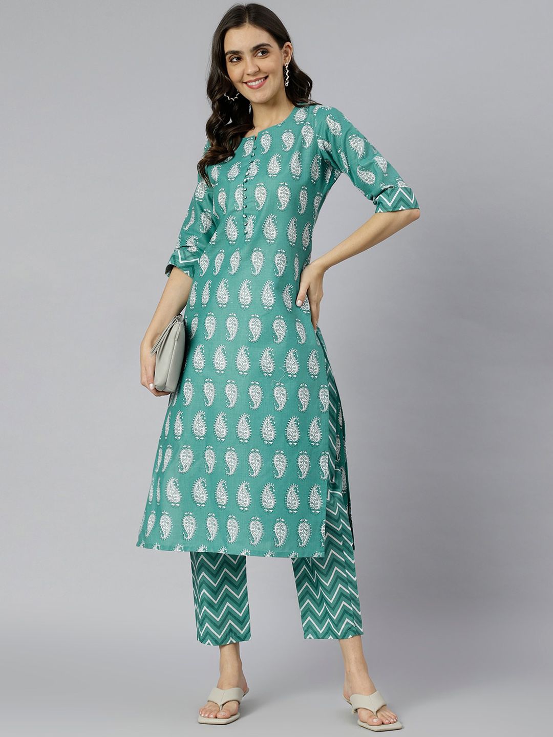 KALINI Women Green & White Paisley Printed Kurta with Trousers Price in India