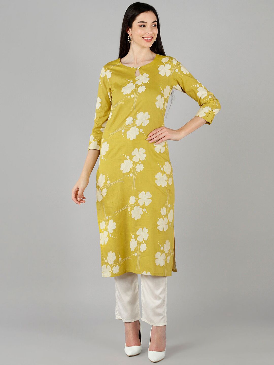 AHIKA Women Yellow Floral Printed Thread Work Kurta Price in India