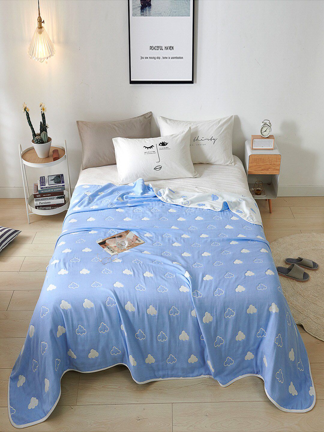 JC Collection Blue & White Summer 350 GSM Double Queen Bed Blanket Price in India