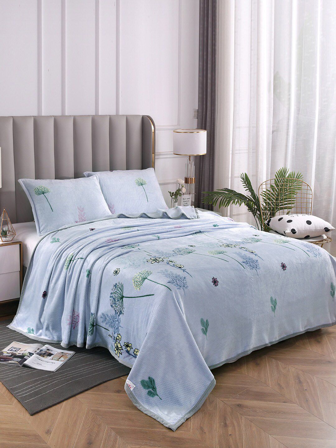 JC Collection Grey & Green Floral Summer 300 GSM Double Bed Blanket Price in India