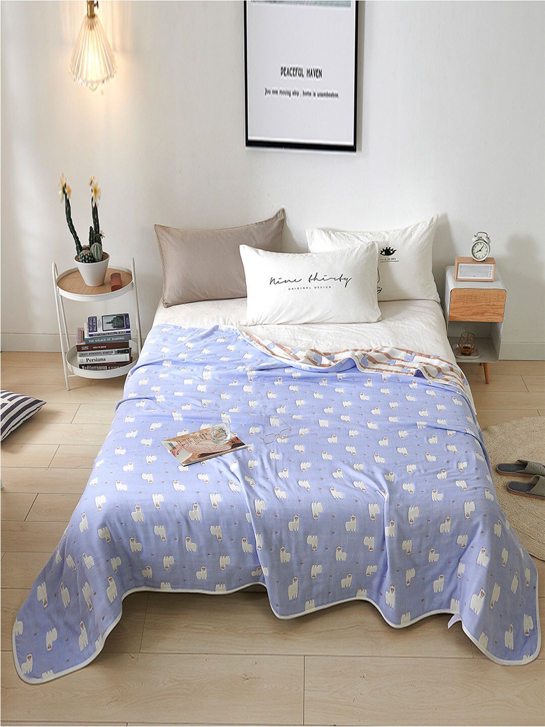 JC Collection Blue & White Cartoon Characters Summer 350 GSM Double Bed Blanket Price in India