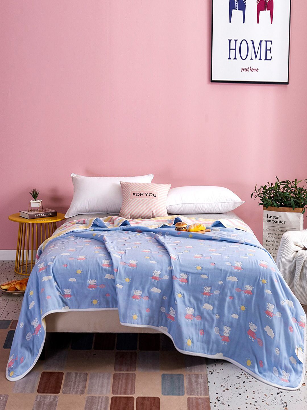 JC Collection Blue & Pink Cartoon Characters Summer 350 GSM Single Bed Blanket Price in India