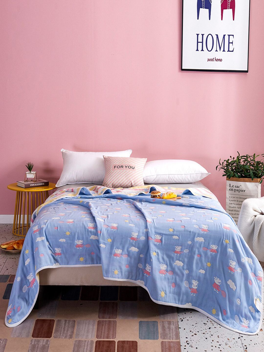 JC Collection Blue & Pink Cartoon Characters Summer 350 GSM Double Bed Blanket Price in India