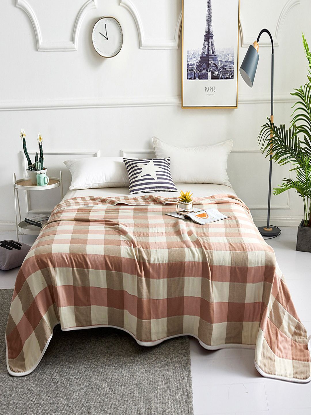 JC Collection Pink & Cream-Coloured Checked Summer 350 GSM Single Bed Blanket Price in India