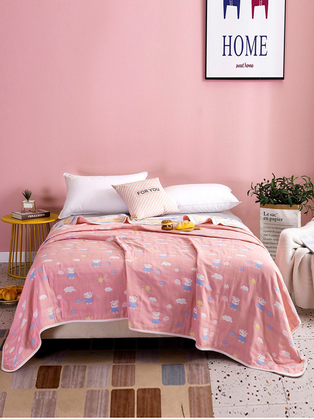 JC Collection Pink & White Cartoon Characters Summer 350 GSM Cotton Single Bed Blanket Price in India