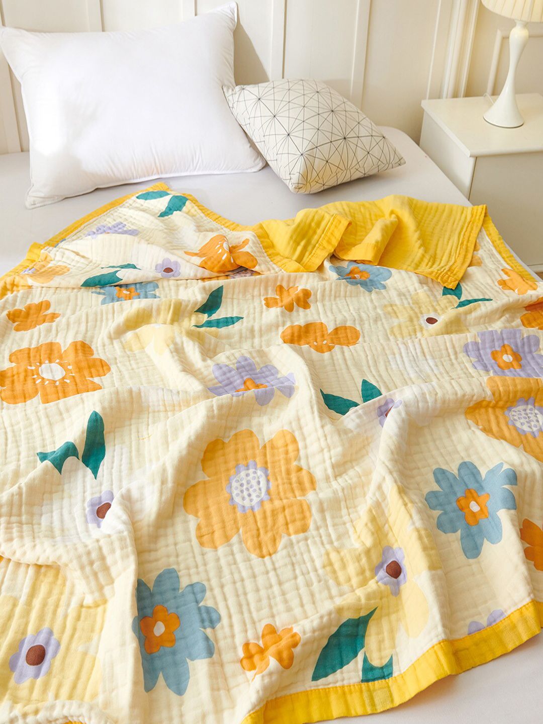 JC Collection Yellow & Green Floral Summer 300 GSM Single Bed Quilt Price in India