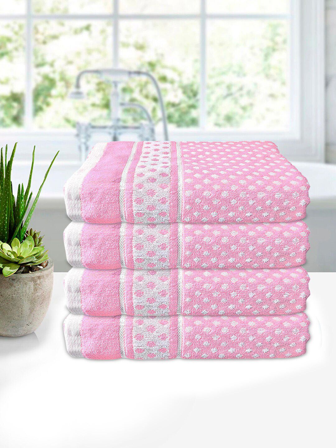 Kuber Industries Unisex Set Of 4 Pink & White Printed 400 GSM Pure Cotton Bath Towels Price in India