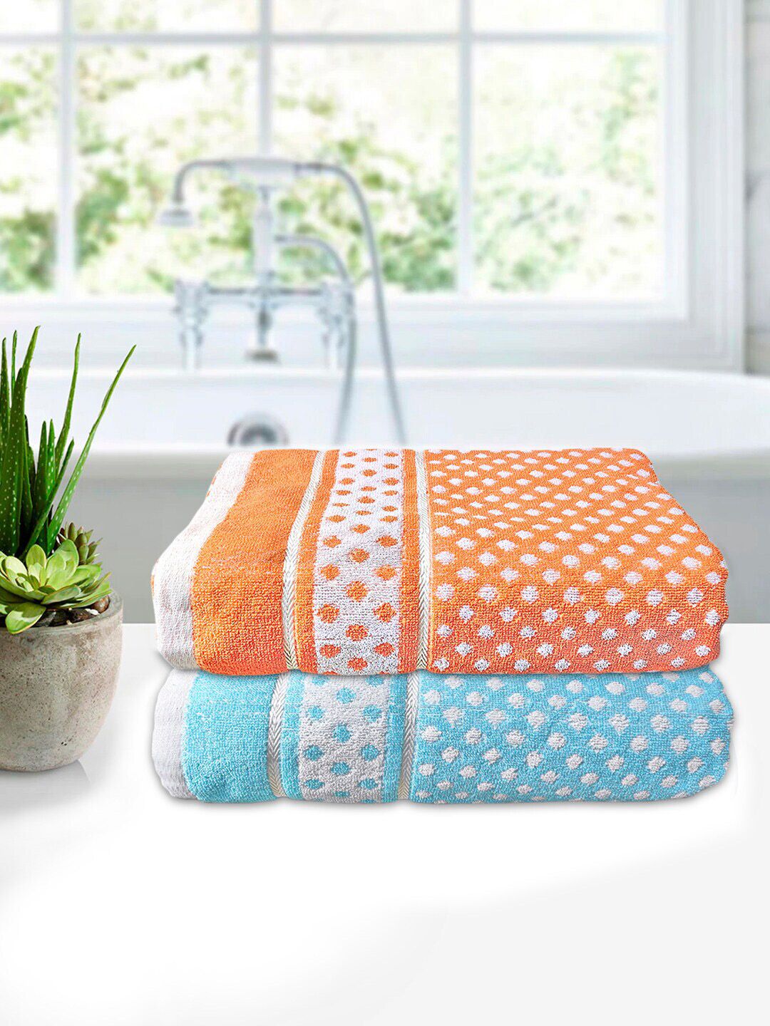 Kuber Industries Orange & Blue Pack Of 2 Cotton Bath Towels Price in India