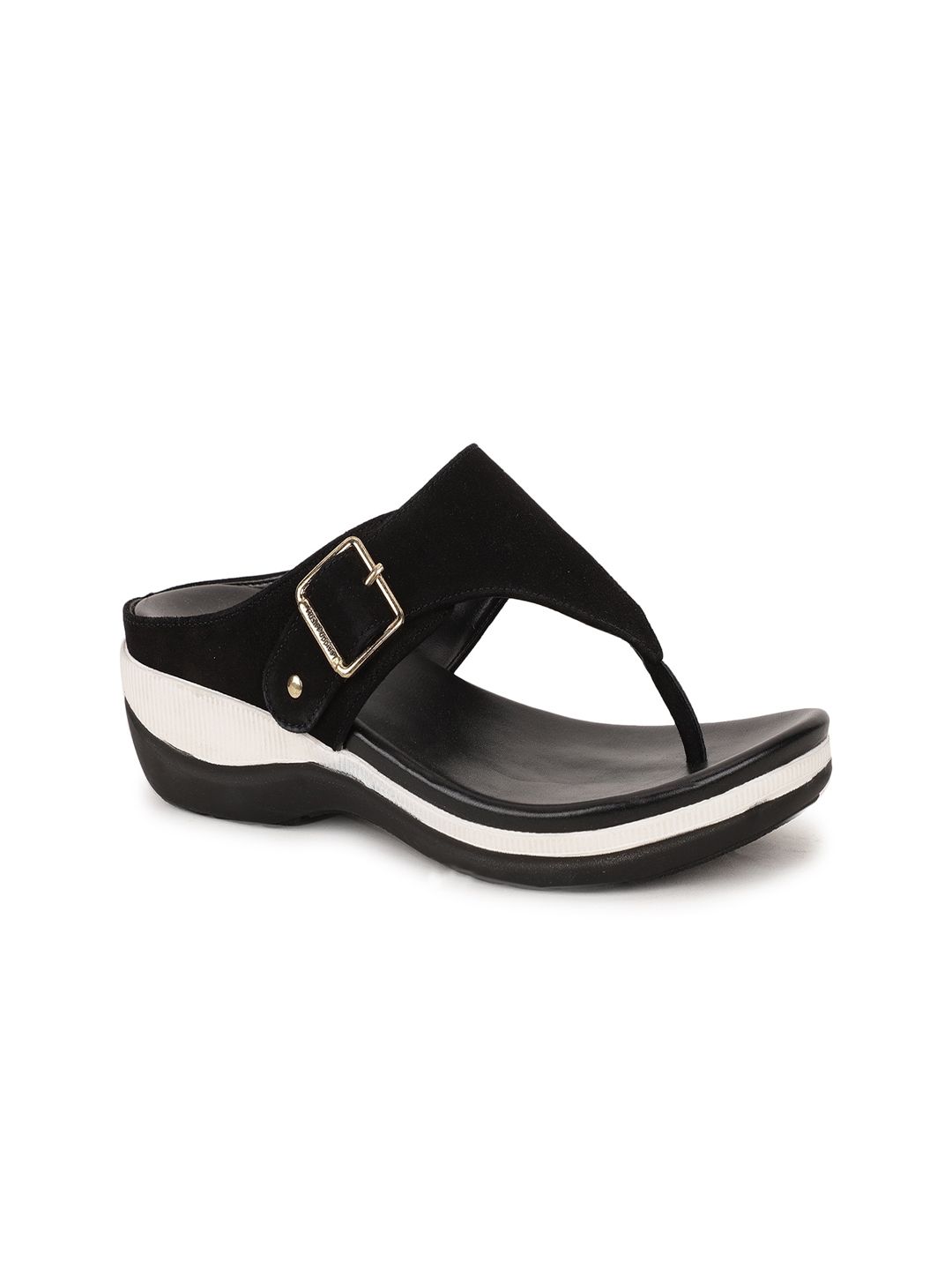 Hush Puppies Women Black Suede Wedge Sandals with Buckles Price in India