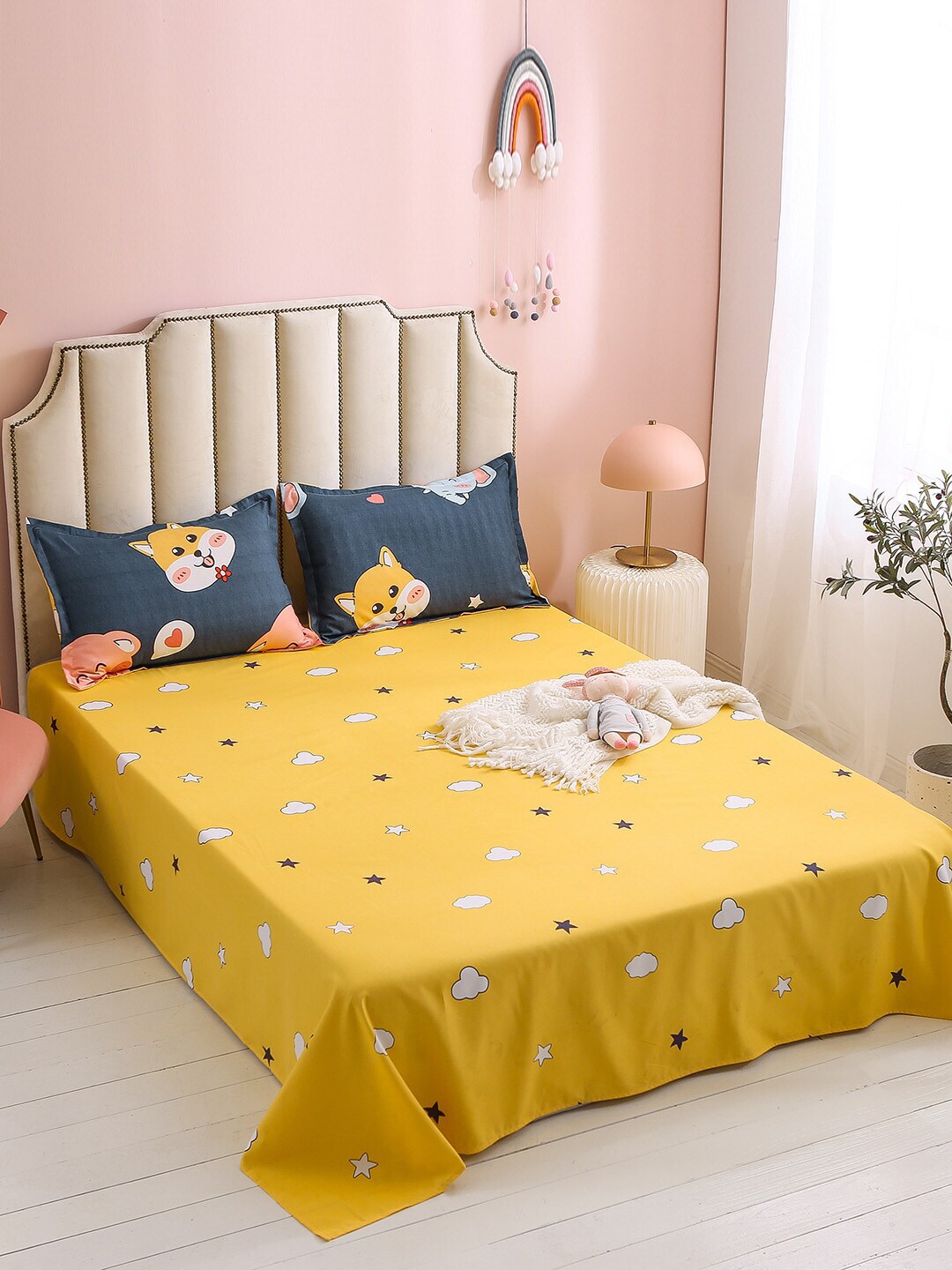 JC Collection Grey And Yellow Printed Double Queen Bedding Set Price in India