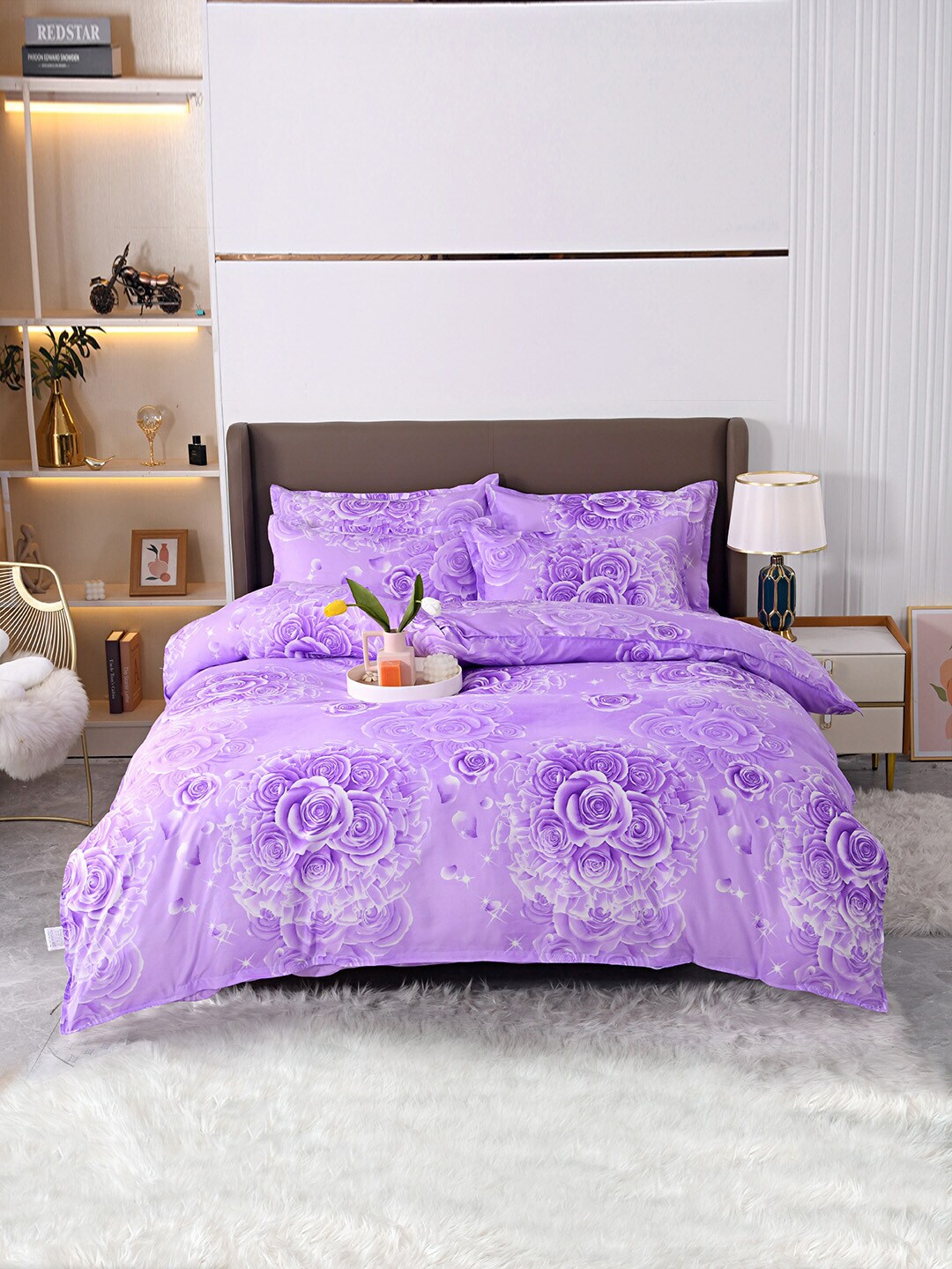 JC Collection Purple & White Printed Double Queen Bedding Set Price in India