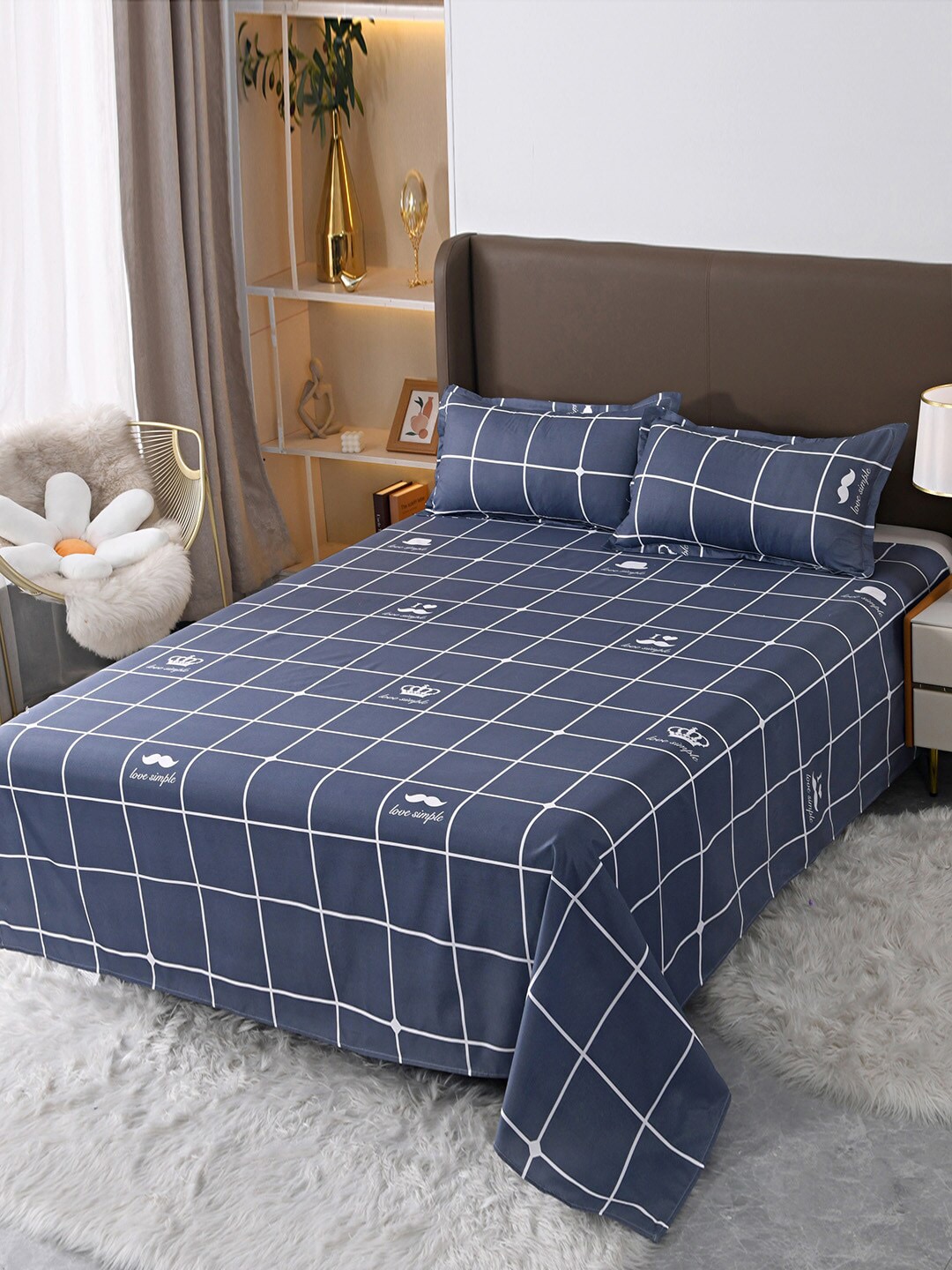 JC Collection Grey & White Checked Double King Bedding Set Price in India