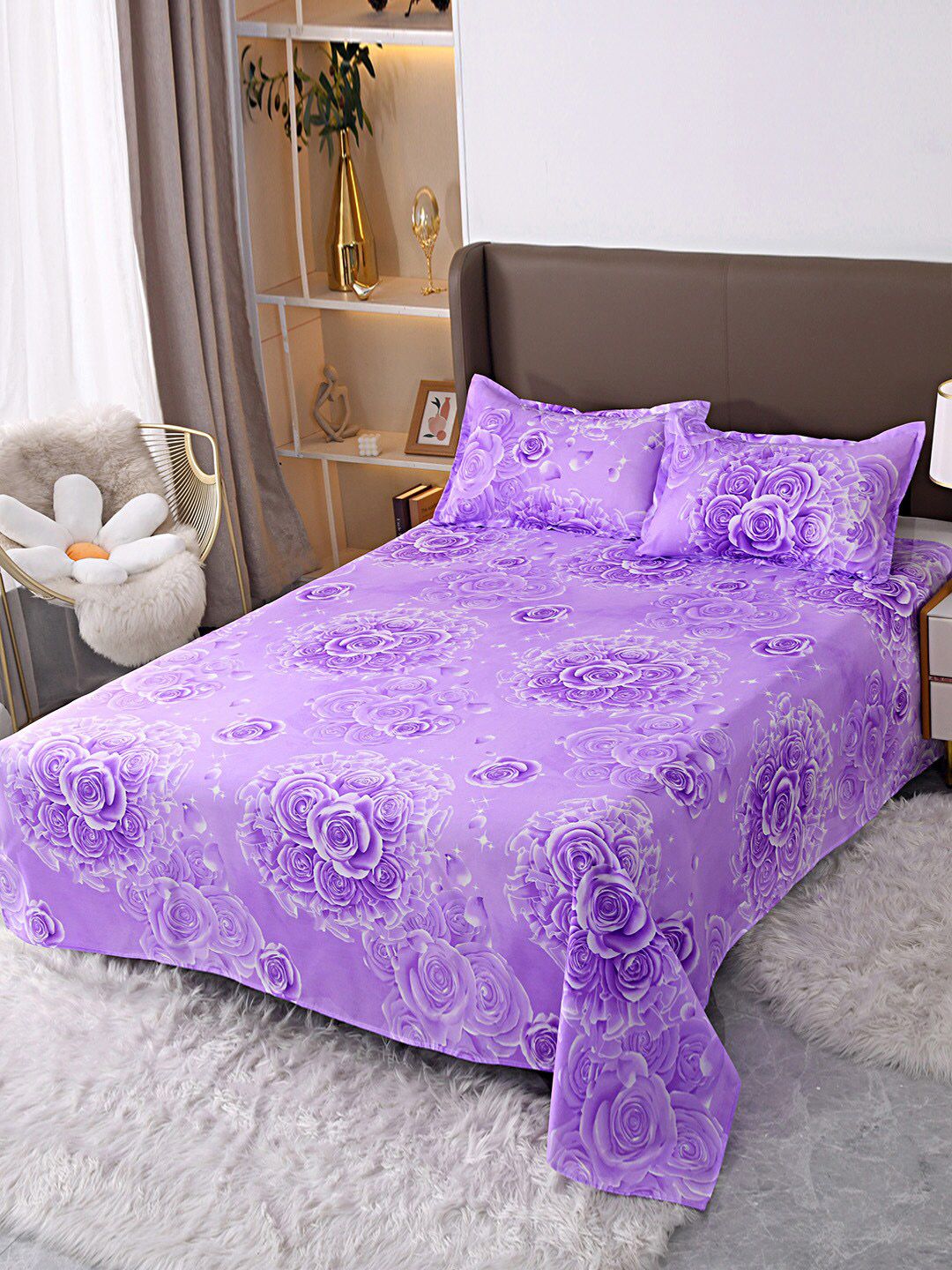 JC Collection Purple Printed Double King Bedding Set With 2 Pillow Covers & Quilt Cover Price in India