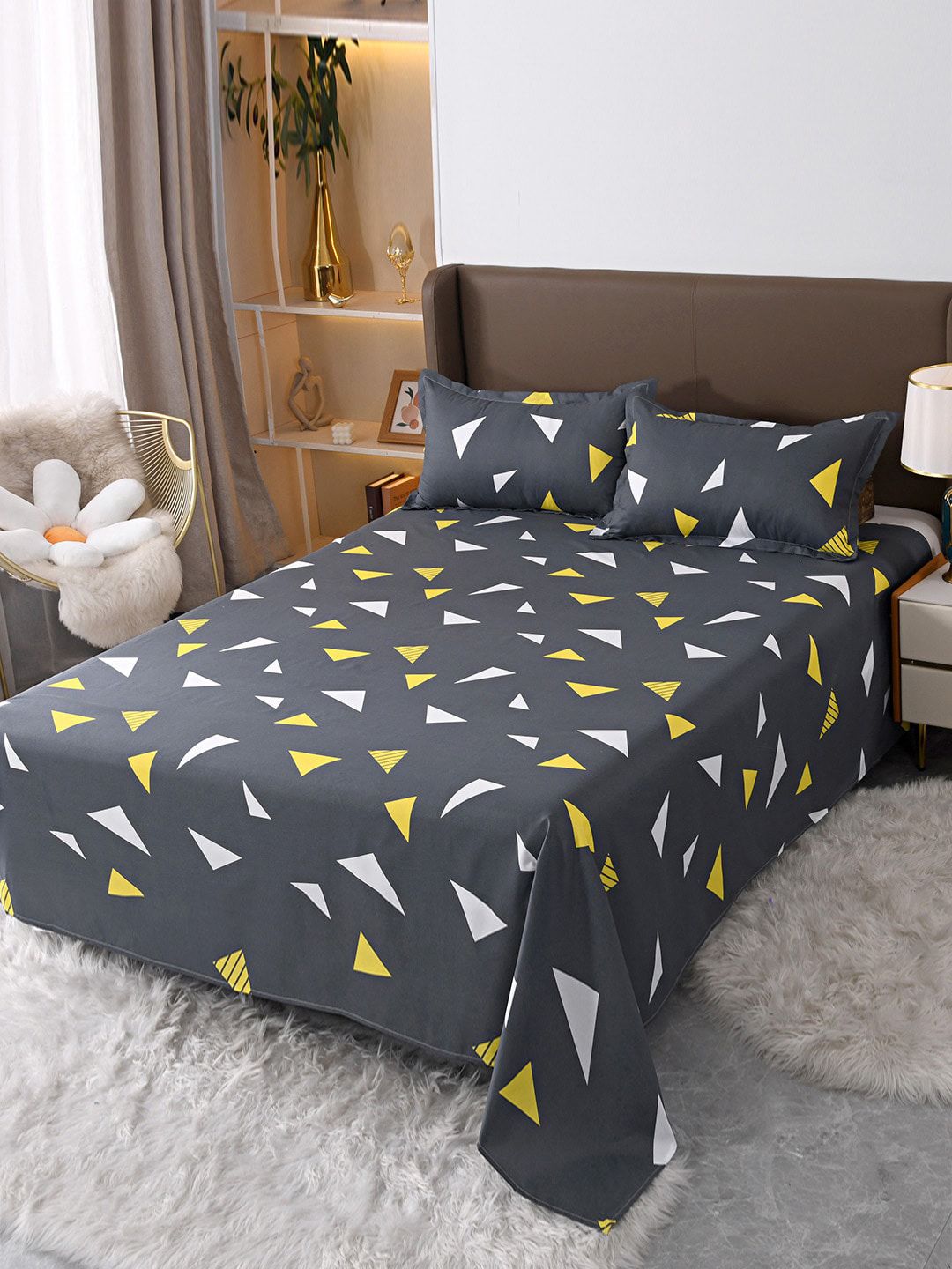 JC Collection Grey & Yellow Geometric Printed Double King Bedding Set Price in India