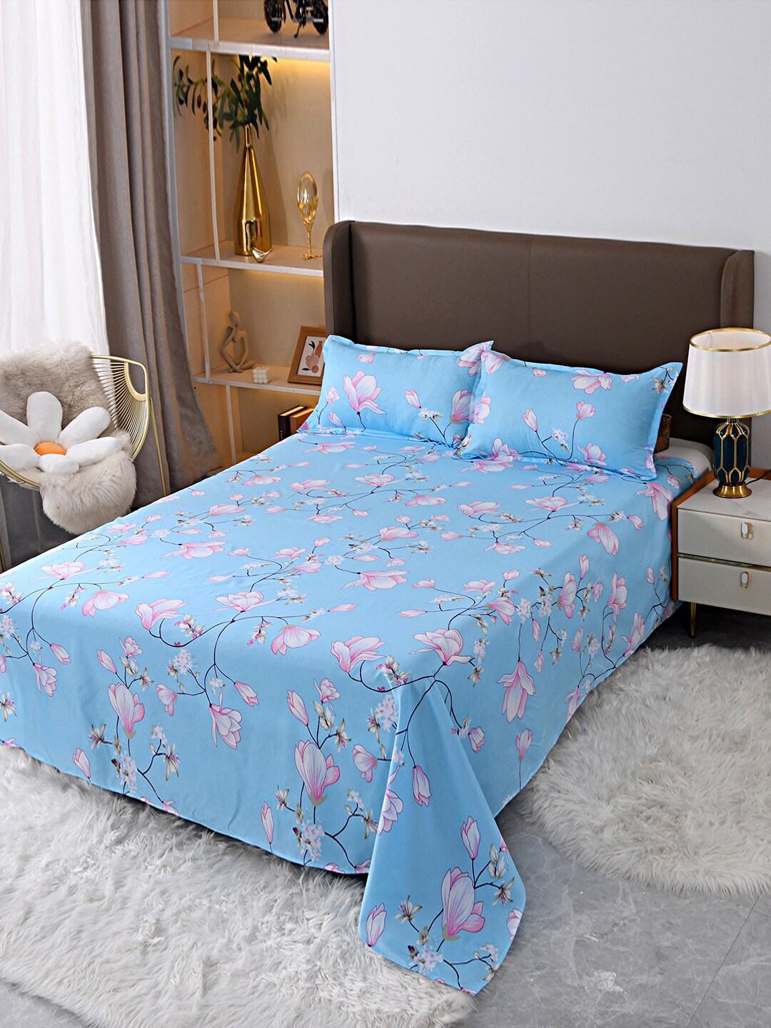 JC Collection Blue & Pink Printed Double Queen Bedding Set Price in India