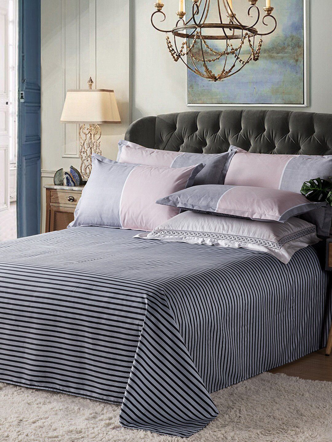 JC Collection Grey & Pink Striped Double King Bedding Set Price in India