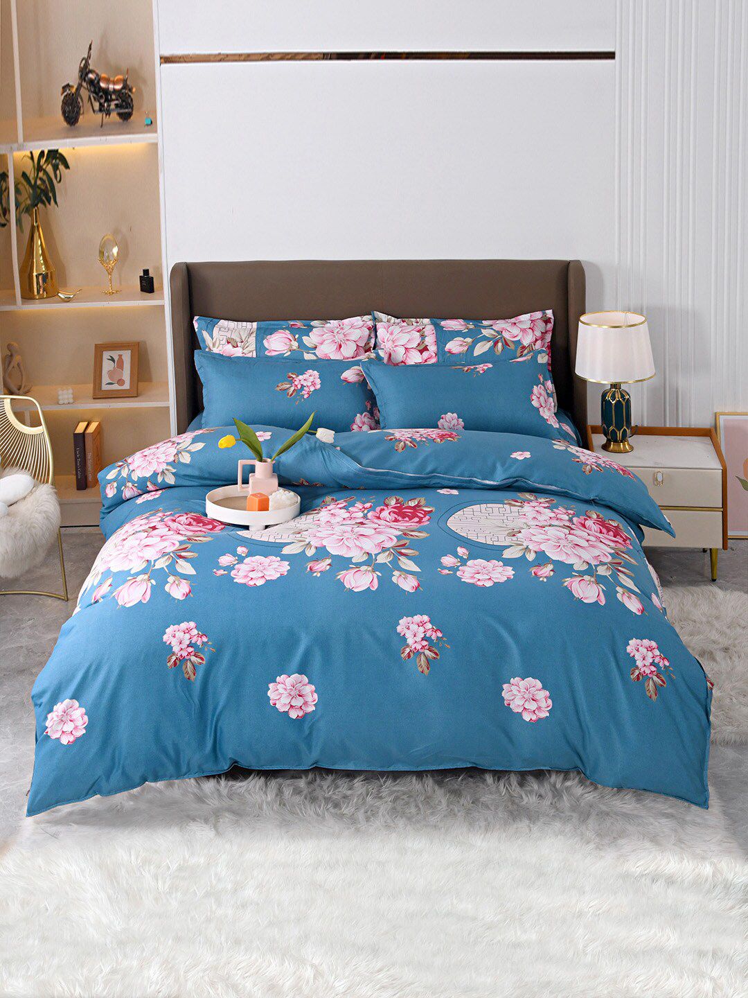 JC Collection Blue & Pink Printed Double Extra Large Bedding Set Price in India