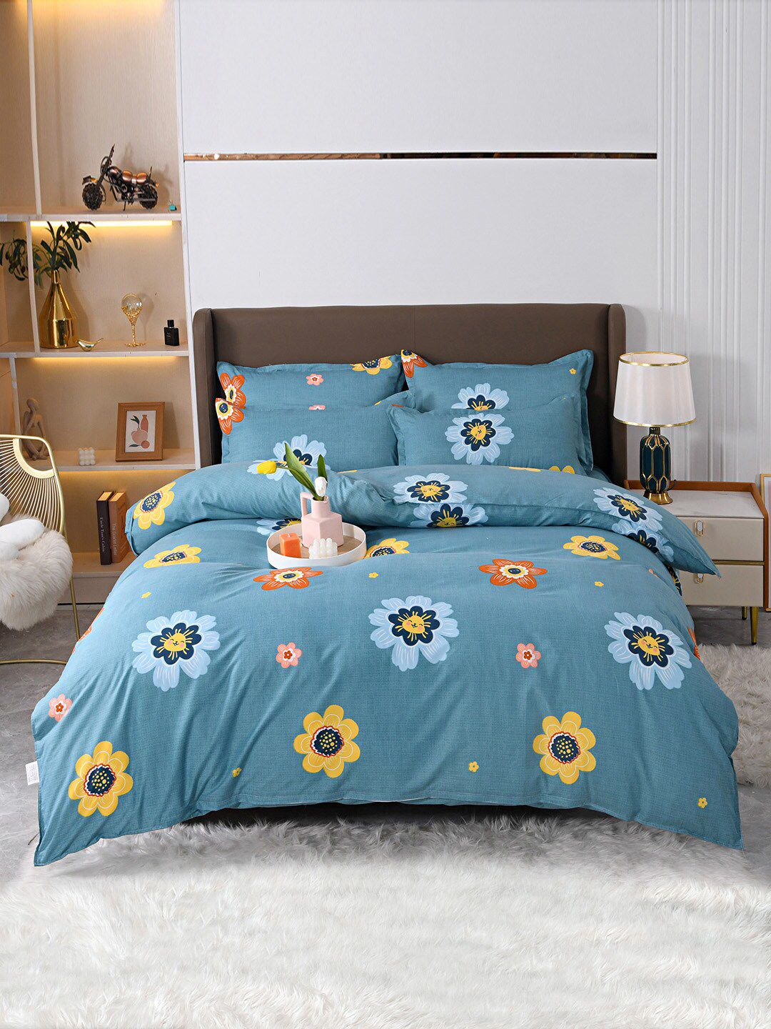 JC Collection Blue & Yellow Printed Double Extra Large Bedding Set With 2 Pillow Covers & Quilt Cover Price in India