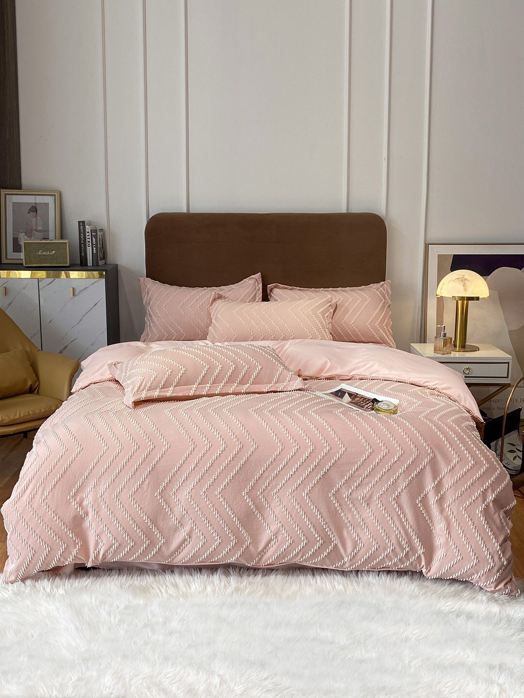 JC Collection Peach-Colored Self Design Double King Bedding Set Price in India