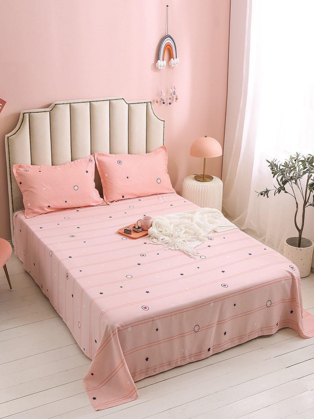 JC Collection Peach-Coloured Printed Cotton Double Queen Size 3- Piece Bedding Set Price in India