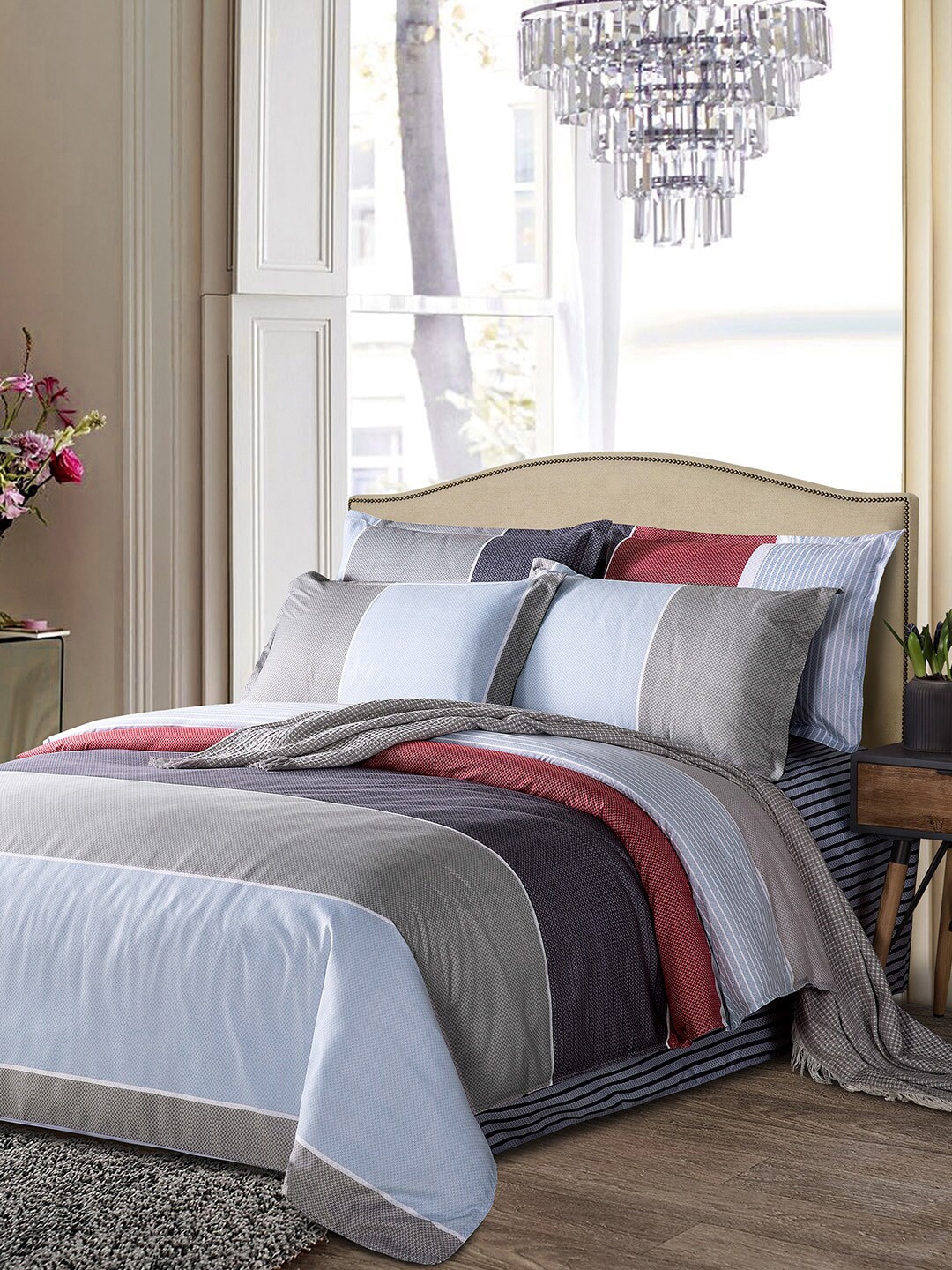 JC Collection Grey and Maroon Striped Cotton Double Queen Bedding Set Price in India
