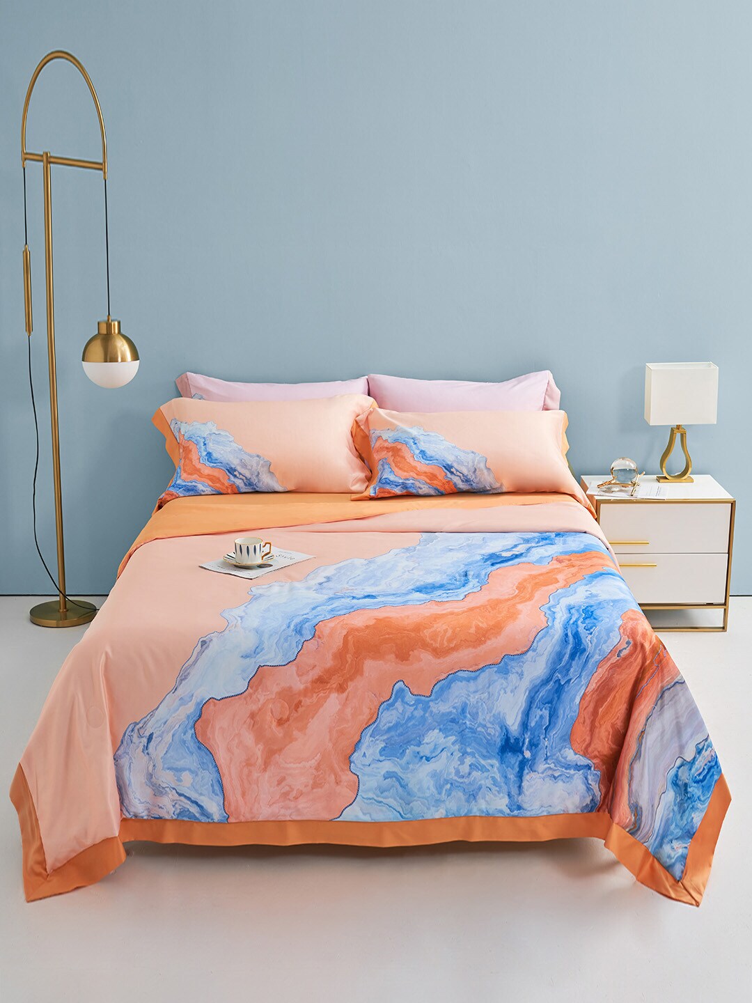 JC Collection Orange & Blue Printed Double King Bedding Set With Quilt Price in India