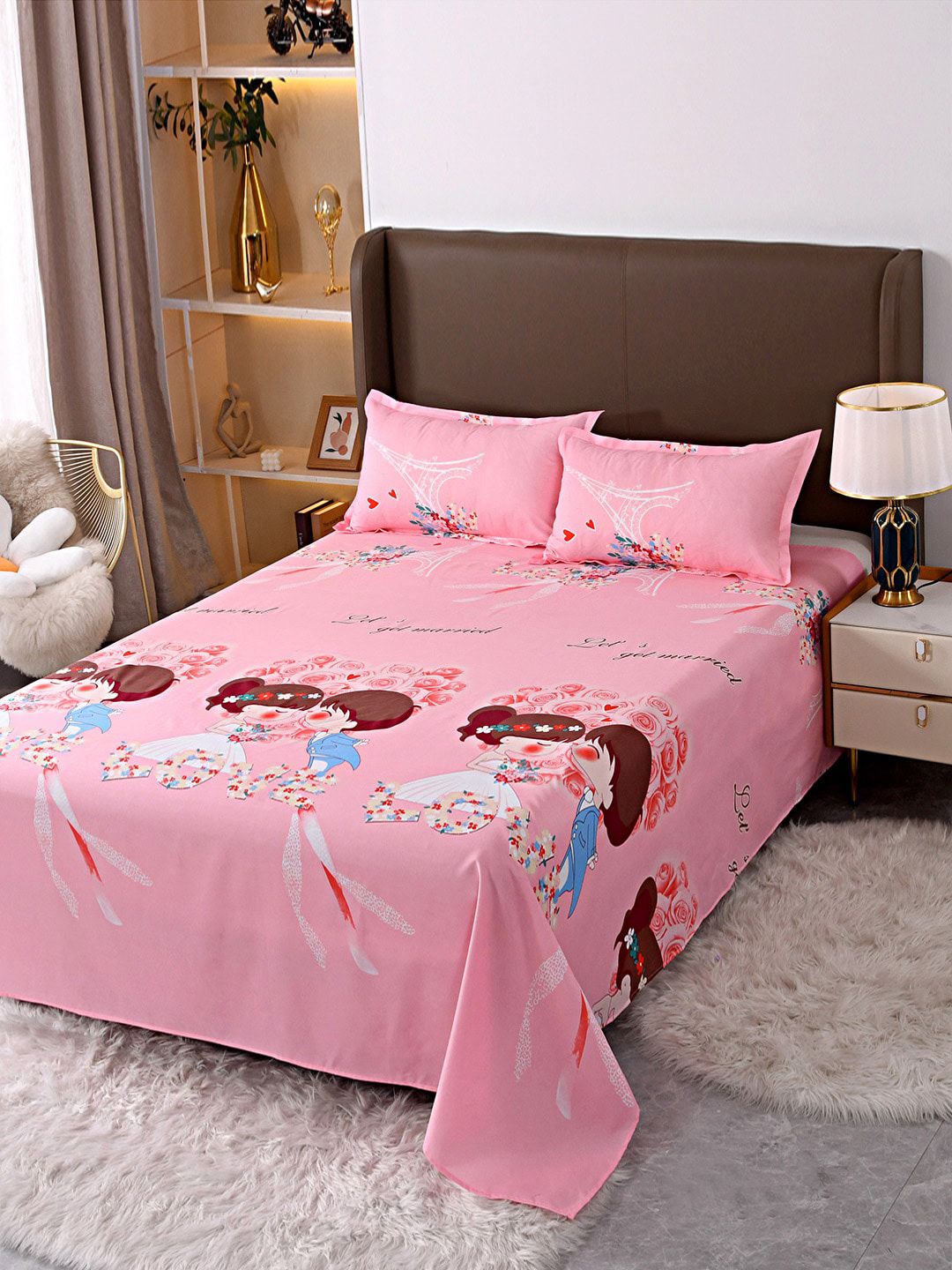 JC Collection Pink & Blue Printed Double King Bedding Set Price in India