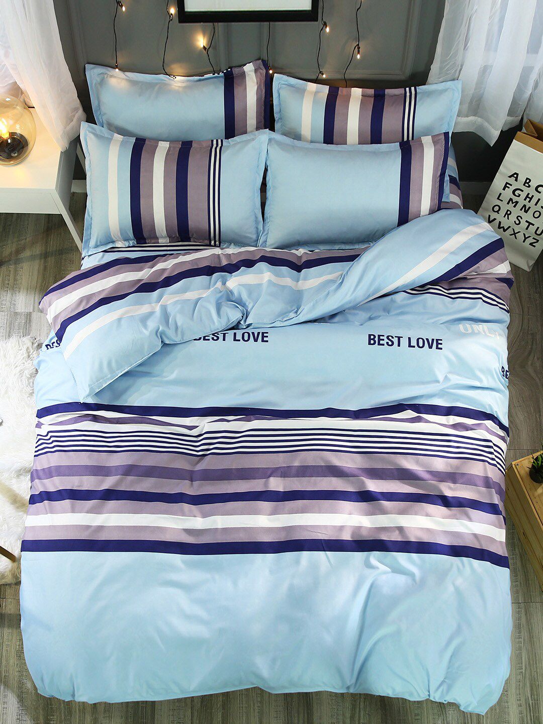 JC Collection Blue Striped Double King Bedding Set With 2 Pillow Covers & Quilt Cover Price in India