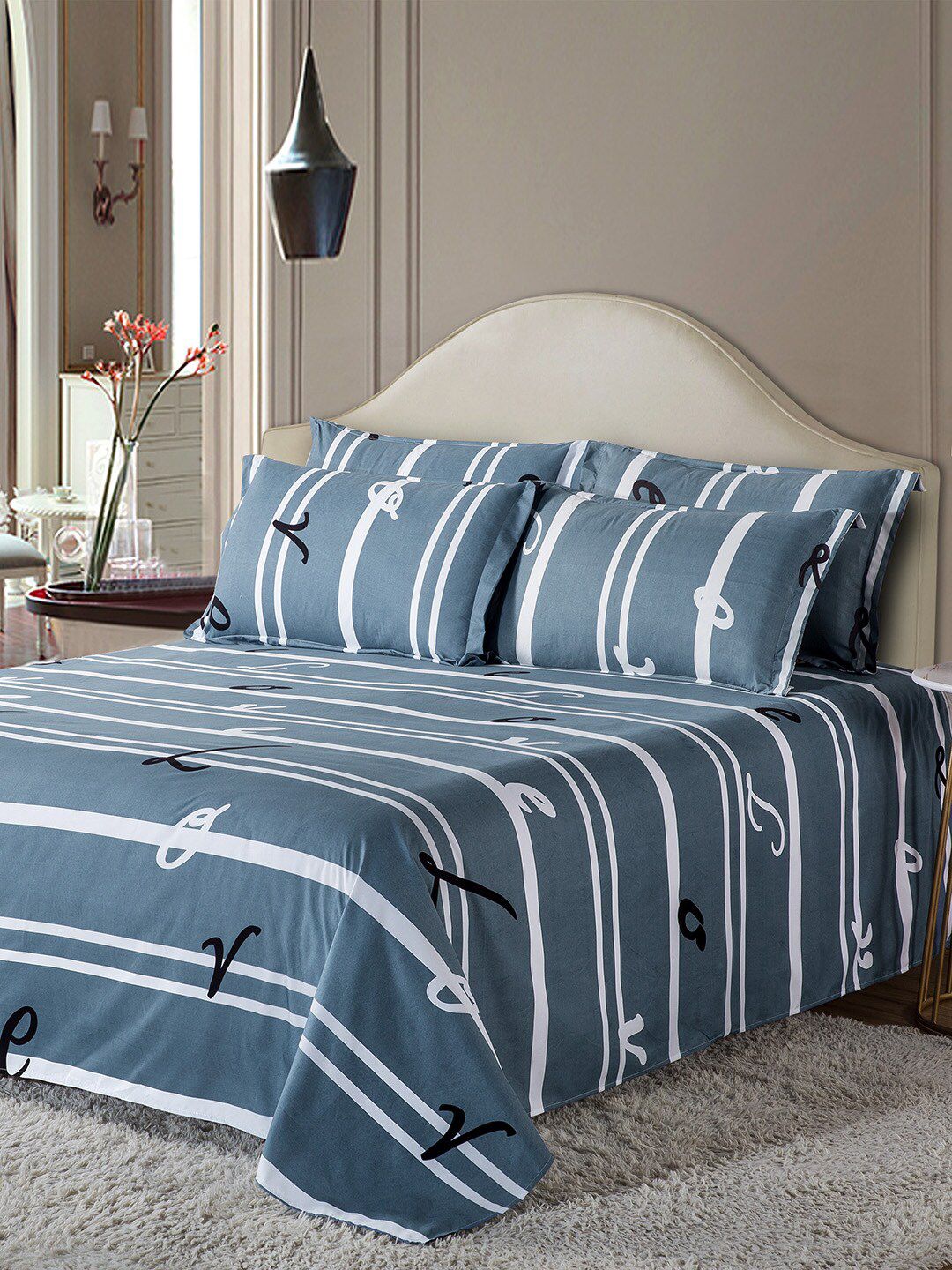 JC Collection Blue & White Striped Double Queen Bedding Set Price in India